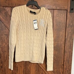 Ralph Lauren Beige Cable-Knit Crewneck Sweater with RL Monogram